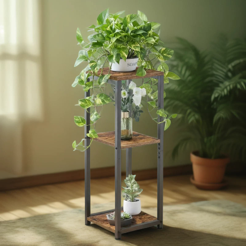 Support à plantes à 3 niveaux pour plantes d'intérieur, tablette d'angle de 32,5 pouces avec table d'appoint multifonctionnelle, présentoir en bois et en métal peu encombrant pour la décoration intérieure