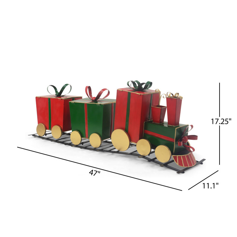 Décor de train festif en fer avec des chariots en forme de cadeau