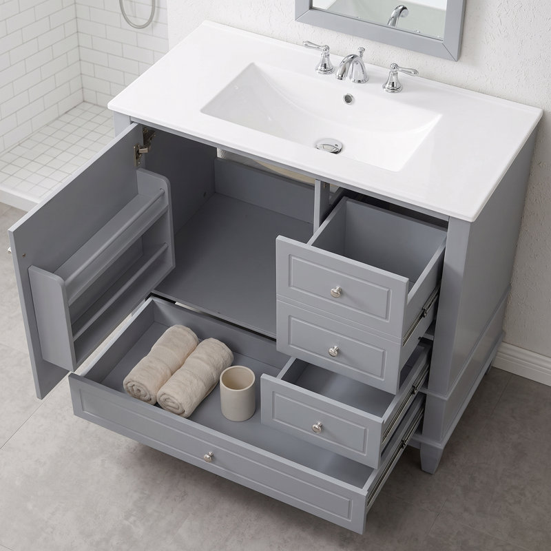 Meuble-lavabo sur pied 36 po en bois massif et panneau de fibres à densité moyenne gris avec lavabo et rangement en céramique