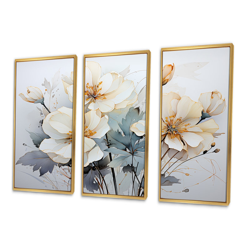 «Minimalist White and Grey Tulips Grace», ensemble d'art sur toile, Cadre flottant doré, H 28 po x l 36 po x P 1 po