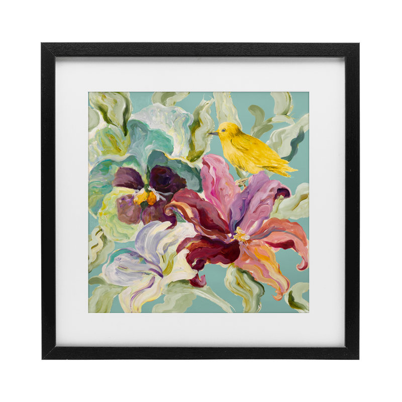 «Lyrical Garden Canary», reproduction sous verre encadrée, design par Lanie Loreth, H 16 po x l 16 po, Cadre noir minuit