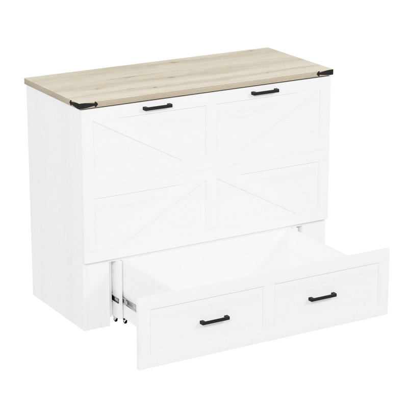 Armoire-lit blanc avec station de charge intégrée et tiroir de rangement généreux, plateforme pliable pour les petites chambres, espace pour les invités, contenant abondant, dans une chambre à coucher compacte