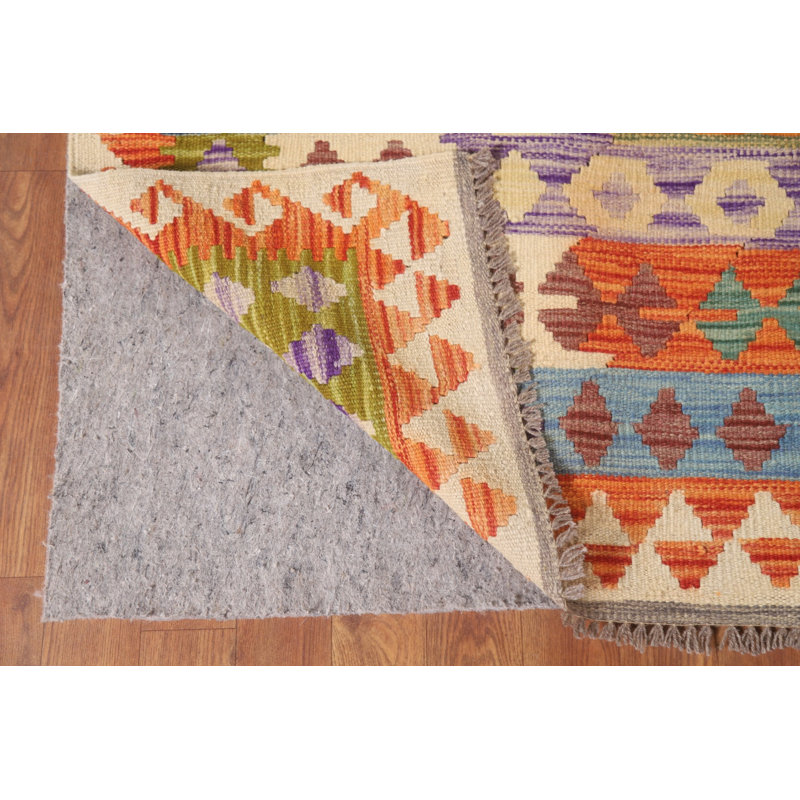 Tapis géométrique réversible en laine Kilim 10 x 13
