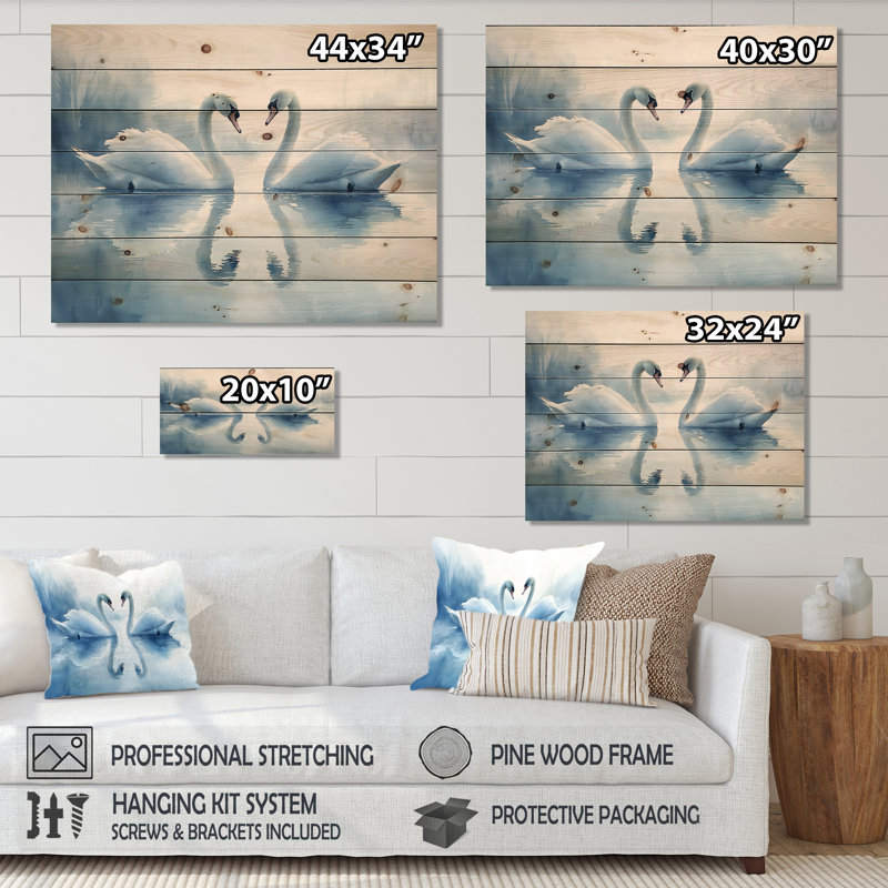 Cygnes tranquilles sur le lac II - Art mural en bois oiseau - sur bois de pin naturel, H 10 po x l 20 po x P 0,78 po