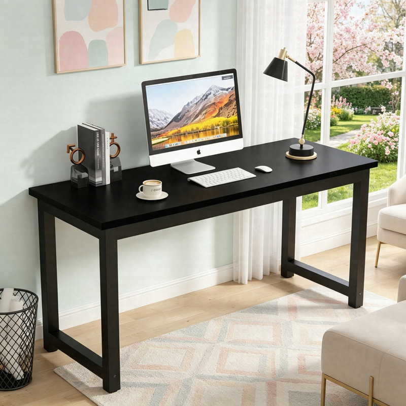 63 po. Bureau d'ordinateur moderne 63 po, bureau robuste avec bureau et table en acier, Noir