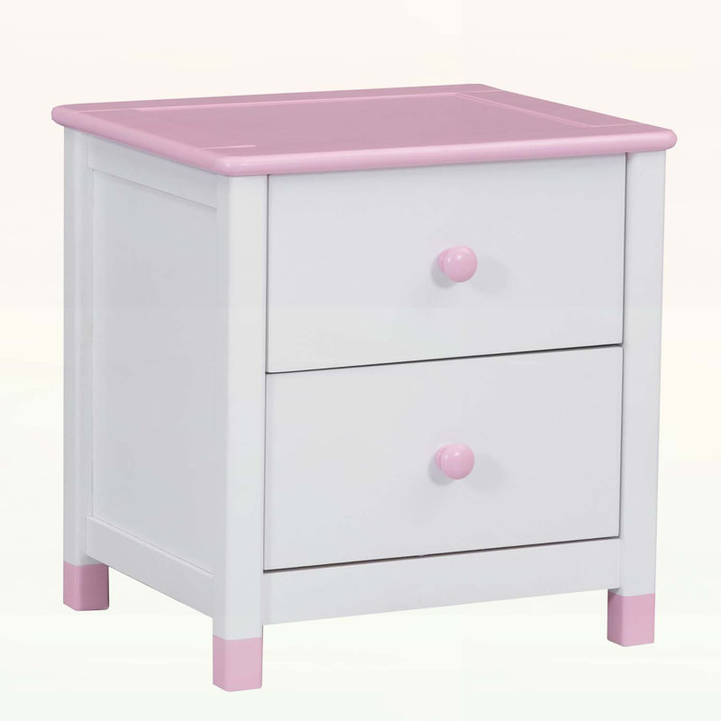 Charmante table de chevet en bois avec deux tiroirs, peu encombrante et au design mignon, Rose/Blanc
