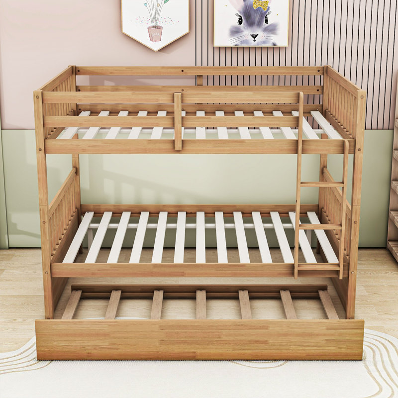 Kelsa Full Over Full Wooden Bunk Bed With Built-In Trundle, Ladder And Safety Guardrails, White Oak