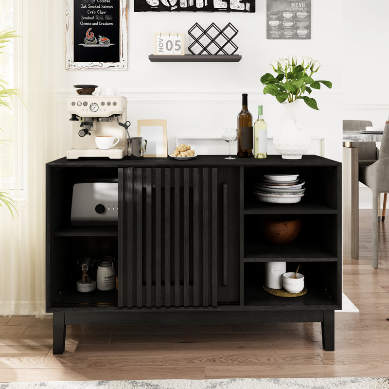 Buffet 47,3 po avec rangement, buffet cannelé de ferme avec 2 portes et pieds en bois massif, meuble télé, meuble de rangement pour la cuisine, la salle à manger, le vestibule, l'entrée, le couloir, noir