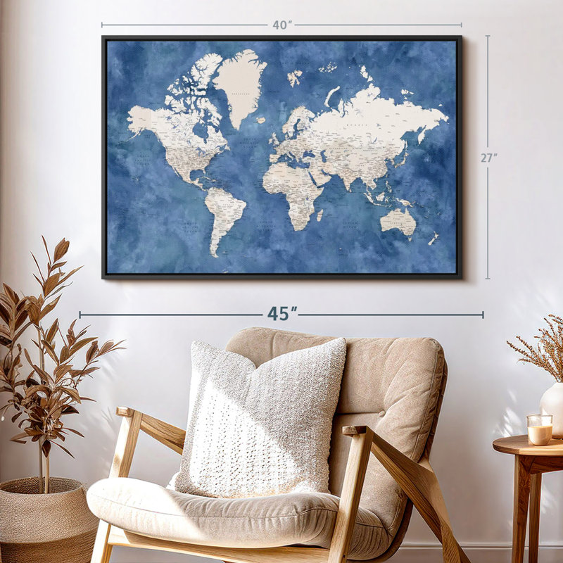 Amnen, carte du monde détaillée avec villes I, reproduction sur toile, H 27 po x l 40 po