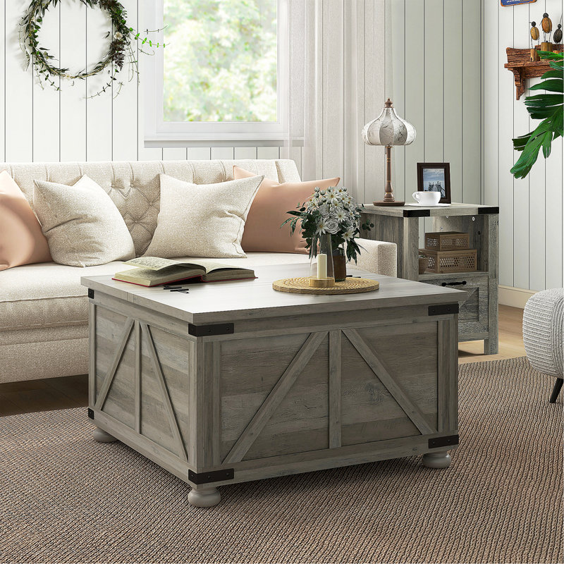 Table basse avec rangement Farmhouse, Naturel, Jaune clair