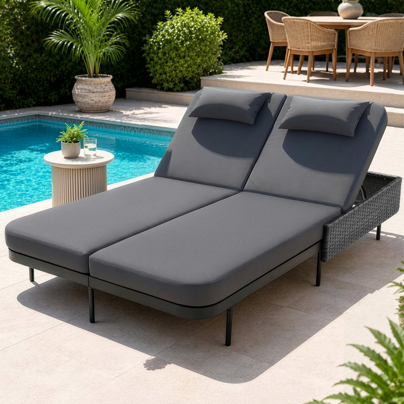 Outdoor Wicker Double Chaise Lounge Poolside Daybed for 2, Patio Sun Lounger with Cushions and 6-Position Adjustable Backrests