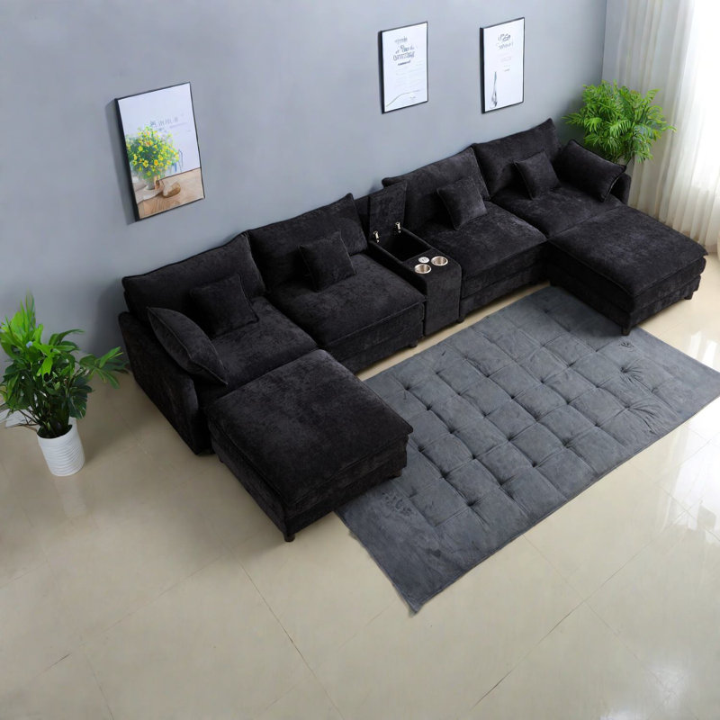 Ensemble de canapé multifonctionnel en chenille noire, style moderne pour les maisons spacieuses
