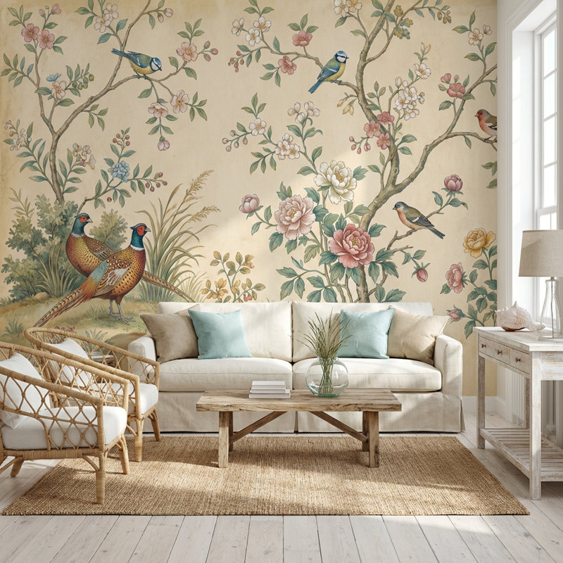 Papier peint floral oiseaux rétro, 120" x 96", Peler et coller