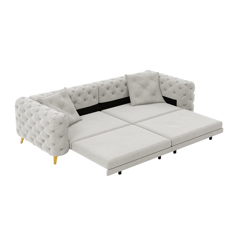Canapé-lit 97,7 po convertible 3-en-1 capitonné à 4 boutons avec repose-pieds mobile gris clair, Gris clair
