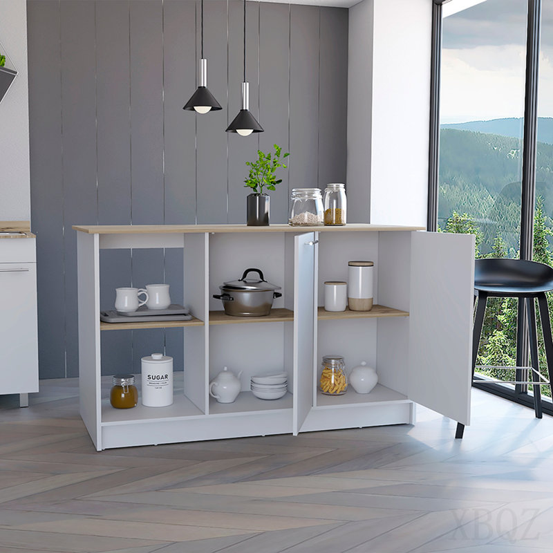 Îlot de cuisine, quatre tablettes ouvertes, deux armoires - chêne clair / blanc