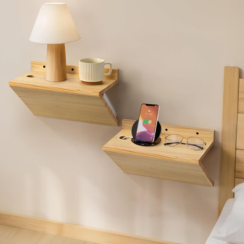 Bisma Floating Nightstand 2 Piece Set, Z-Shape Pine Wood Floating Bedside Tables for Bedroom, Beige