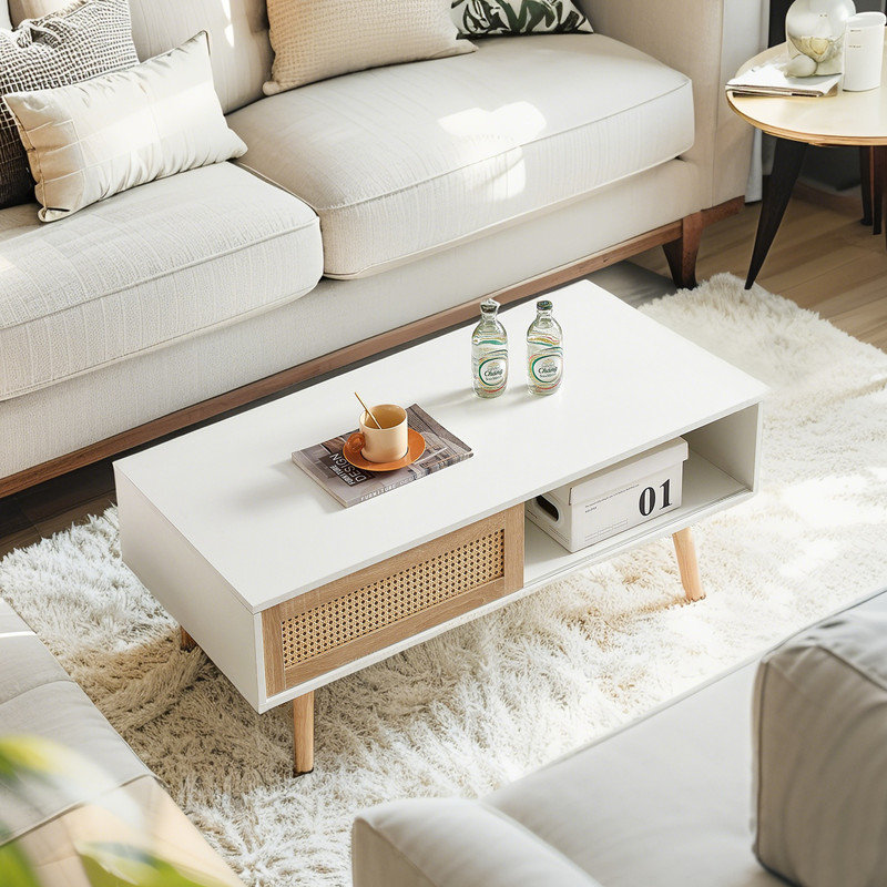 Table basse moderne en rotin avec un tiroir coulissant, un tiroir ouvert et des pieds en bois massif pour le salon, Blanc