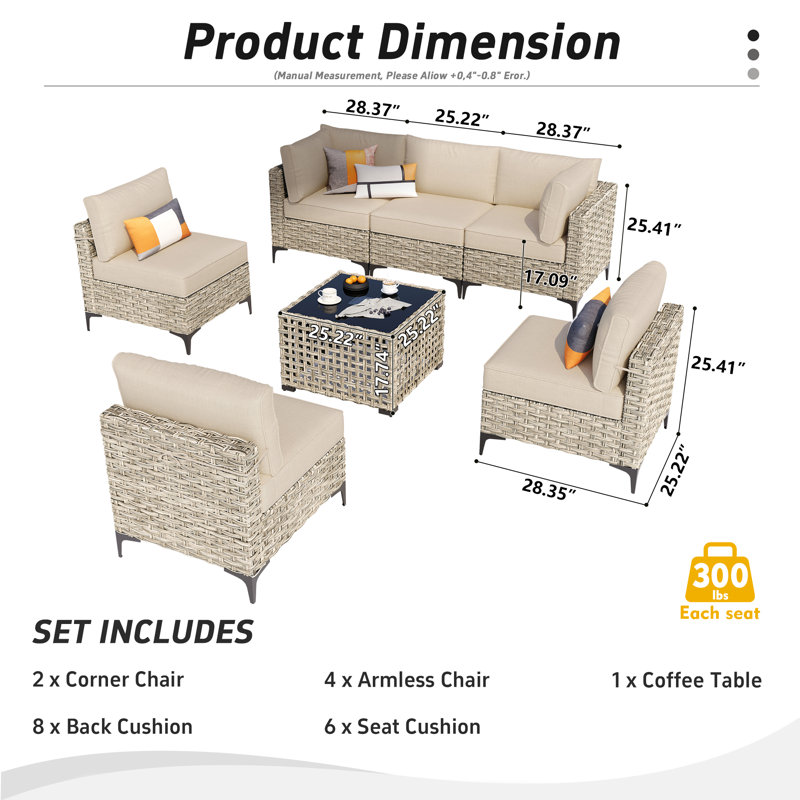 6 - Person Outdoor Seating Group With Cushions, Beige Glass