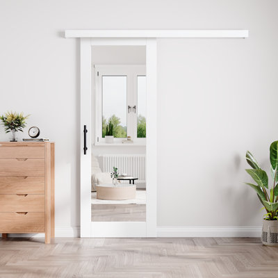 84" Hidden Style Track Barn Door Double-sided Mirrored White Primed Glass Sliding Closet Bathroom Doors(Include Soft Close&Round Handle)
