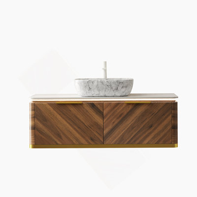 Meuble-lavabo 48 po, meuble-lavabo flottant en contreplaqué, tiroirs avec poignée et capteur de lumière, vasque en céramique à motif marbré et plateau en pierre frittée, grain de bois noyer foncé