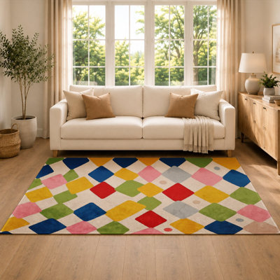 Colorful Geometric Velvet Area Rug, Diamond Pattern Decorative Carpet, Soft Indoor Floor Mat for Bedroom Living Room Nursery Dorm Office Home Decor 6.6x9.8ft