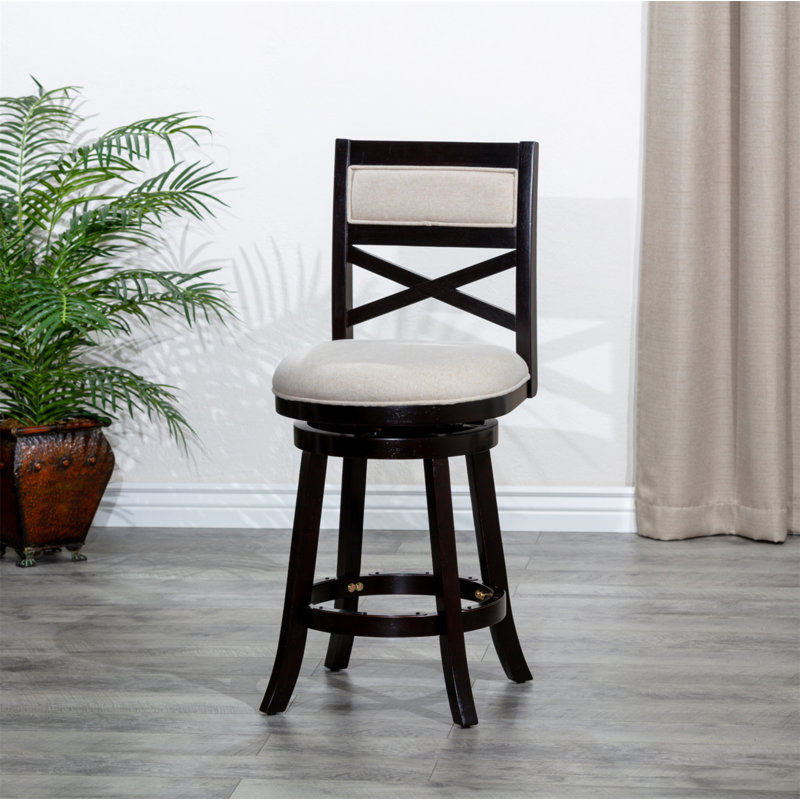 Tabouret pivotant à dossier en X de 24 po de hauteur comptoir, finition espresso, siège en tissu beige