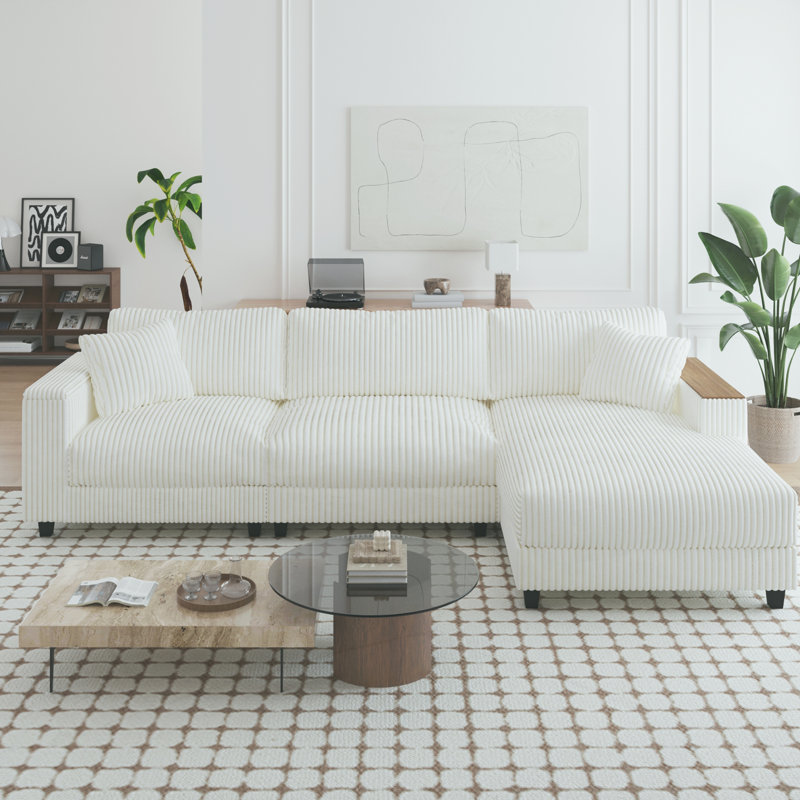 Canapé modulaire en L 114,5 po avec 2 coussins, White Corduroy
