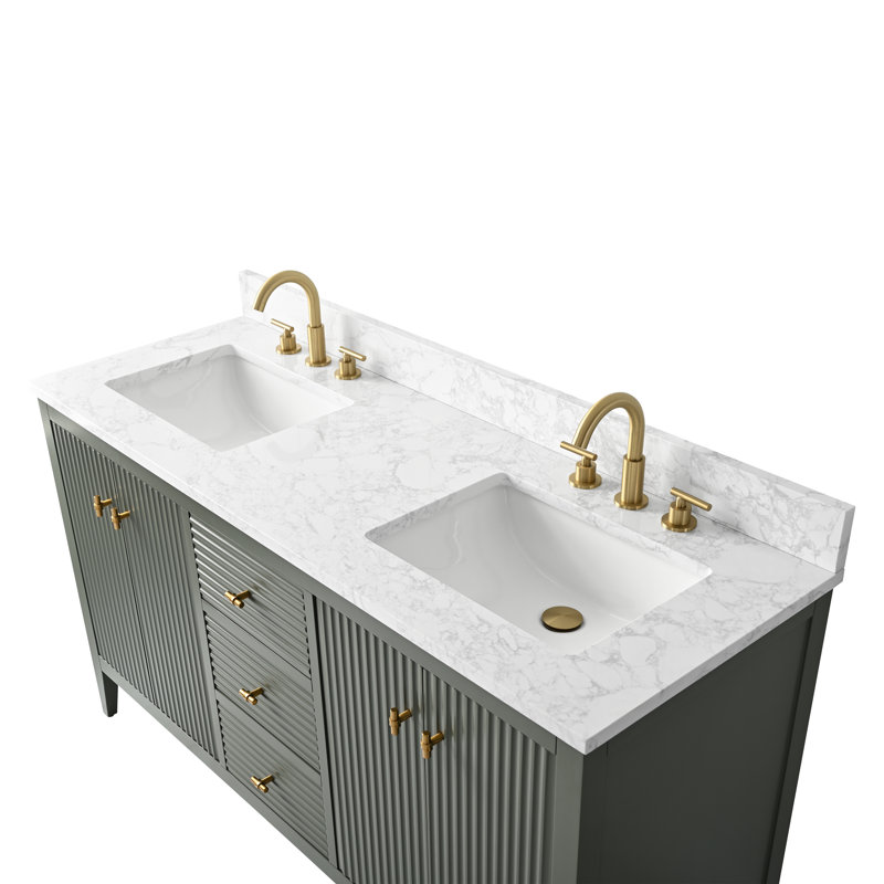 Ensemble de meuble-lavabo double 60 po, Doré brossé, Linéaire vert rétro