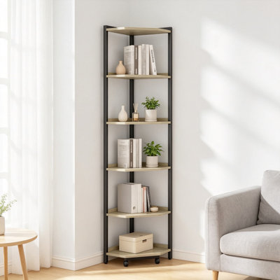 Étagère d'angle à 6 niveaux avec structure en acier, présentoir autoportant pour salon, bureau ou chambre, couleur grège.