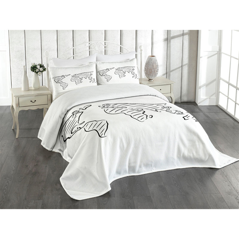 White Quilted Queen Bedspread Set with World Map Design
