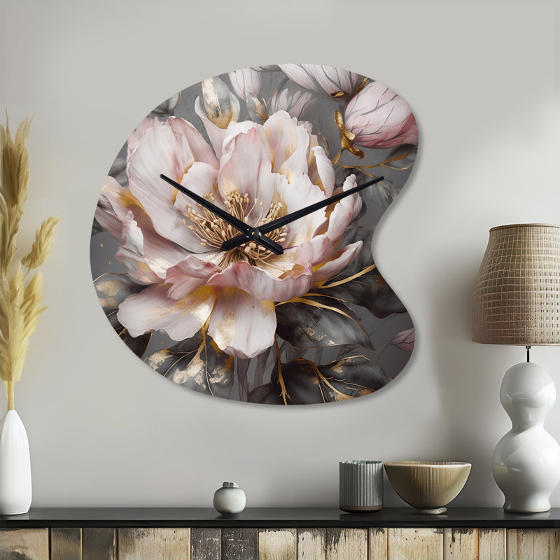 Horloge murale en forme de pivoines roses et grises - Blooming III, Petit