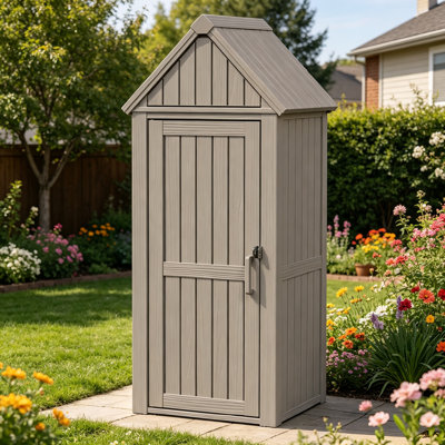 Armoire à outils verrouillable résistante aux intempéries avec finition en forme de bois et toit incliné pour patio