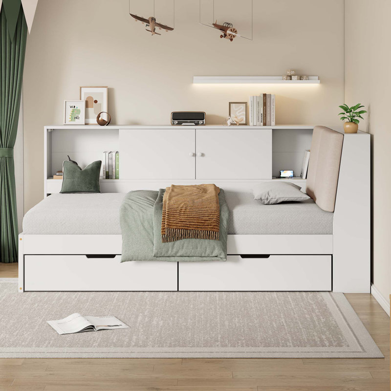 L-shaped Daybed Corner Bed Under-bed Drawers with USB Charging Ports, Twin, White