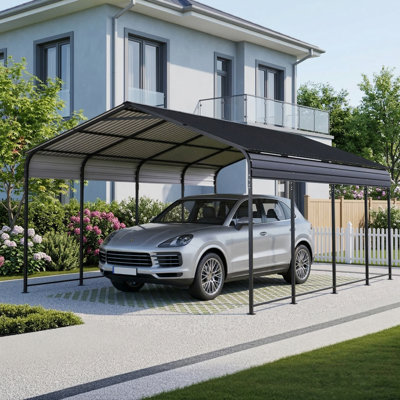 Robust Metal Carport Measuring 12 by 20 Feet, Constructed with a Galvanized Steel Roof and an Enhanced Base System, Providing Outdoor Shelter for Automobiles, Trucks, and Watercraft