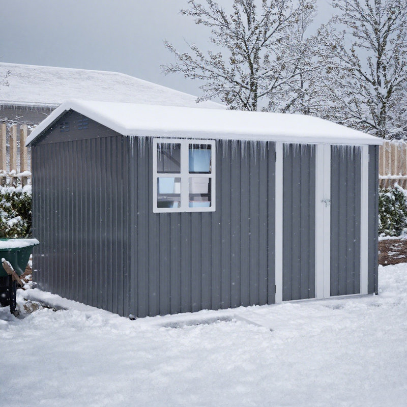 Remise de rangement extérieure en acier 10 x 8 pi avec fenêtre transparente, portes verrouillables, remise à outils en métal résistante aux intempéries pour le jardin, la cour, le patio et le rangement utilitaire, gris