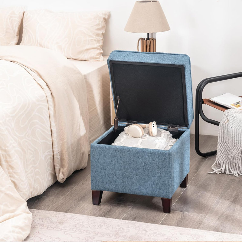 Repose-pieds carré avec rangement 17,5 po, Mélange de lin bleu