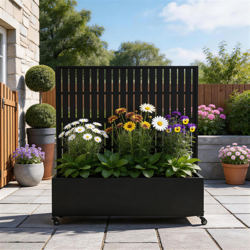 Boîte à fleurs en métal avec treillis et roues Linden, H 47,2 po x l 47,2 po x P 15,7 po, Noir