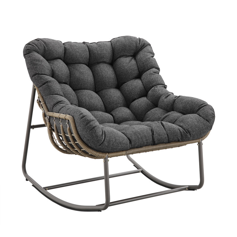 Charlcy Outdoor Wicker Rocking Chair With Ottoman And Cushions, Black