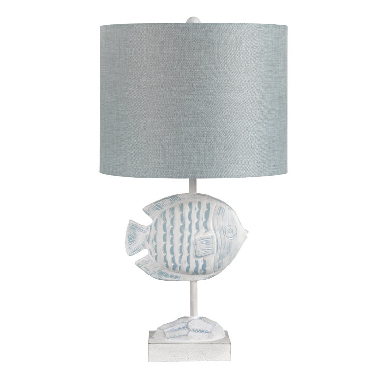 Light Blue And White Resin Fish Table Lamp With Shade