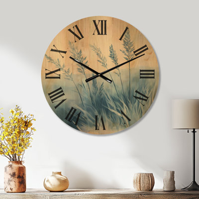 Horloge murale minimaliste grand format « Blue Grass at Dawn », imprimée sur bois