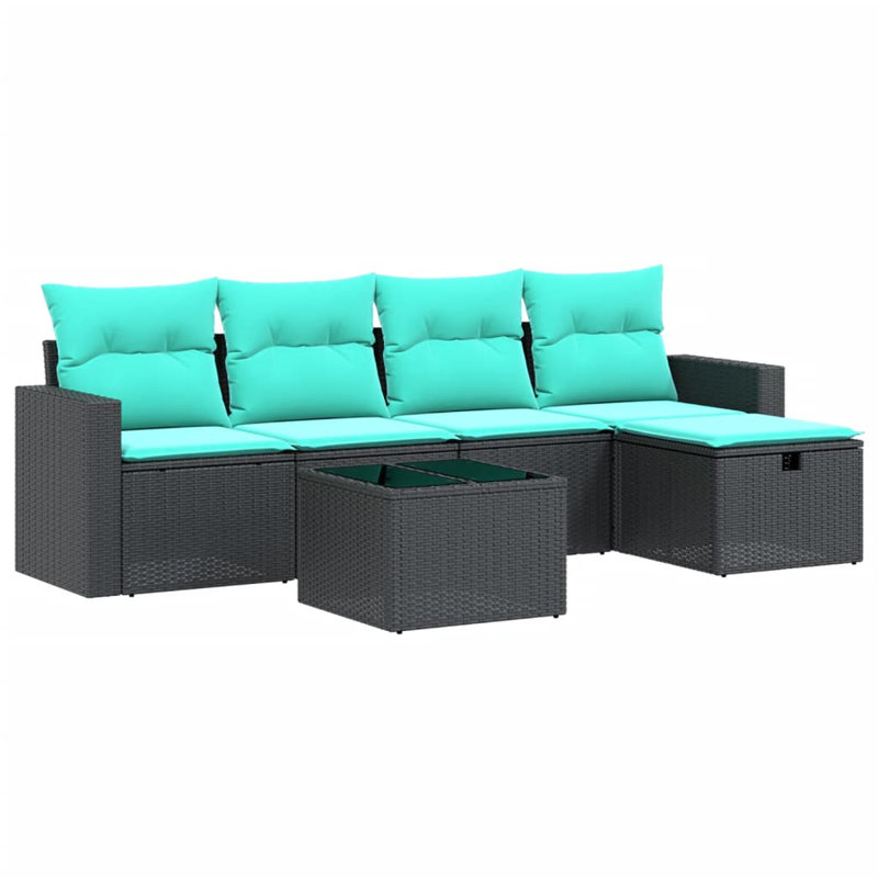 Ensemble de canapé de patio 6 pièces avec coussins en rotin de polyester, Bleu clair, Noir