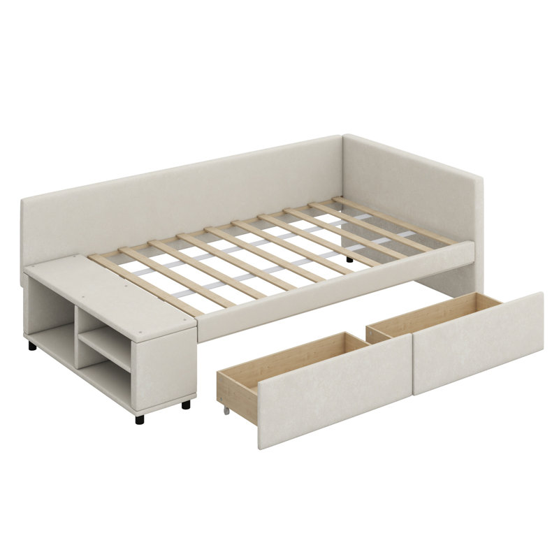Lit plateforme tapissier en L avec rangement et tiroirs, Beige