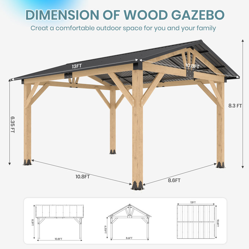 15 Ft. W x 13 Ft. D/ 13 Ft. W x 11 Ft. D Solid Wood Gazebo, Outdoor Storage Gazebo with Metal Steel Gable Roof for Garden, Porch, Patio