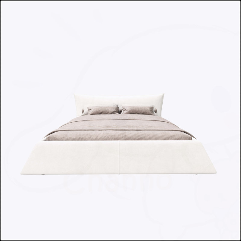 Très grand lit plateforme tapissier avec tête de lit en velours, structure en métal et bois massif, crème, luxueux et durable
