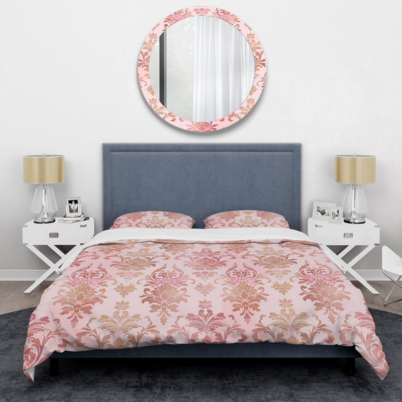 Ensemble de housse de couette Pink Gold Damask Enchantment I - Glam, Housse de couette pour grand lit + 2 taies décora