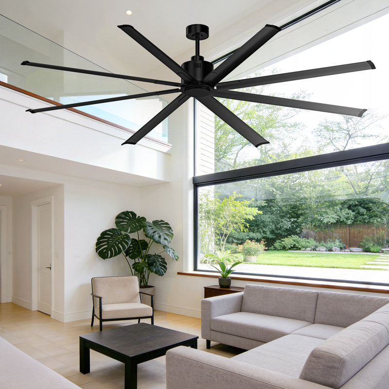 96 Inch Aluminum Alloy Industrial DC Motor Ceiling Fan With Reversible Blades, 6-Speed Remote Control, 96" Wide, Black