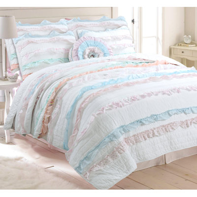 White/Blue/Pink 100% Cotton Reversible Farmhouse / Country Quilt Set