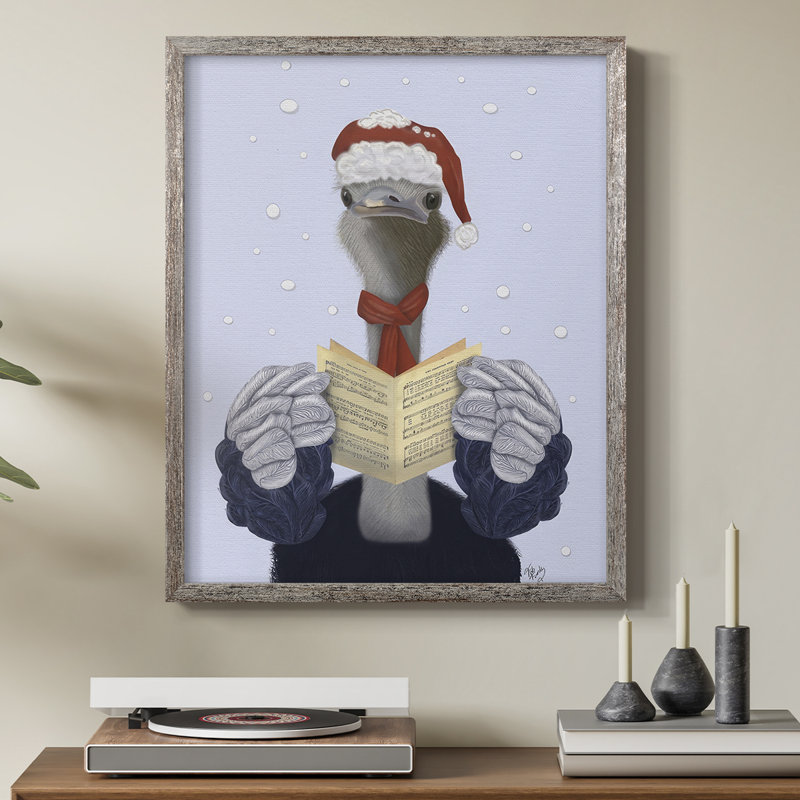 Ostrich, Carol Singing, reproduction d'art encadrée - bois massif, H 30 po x l 24 po