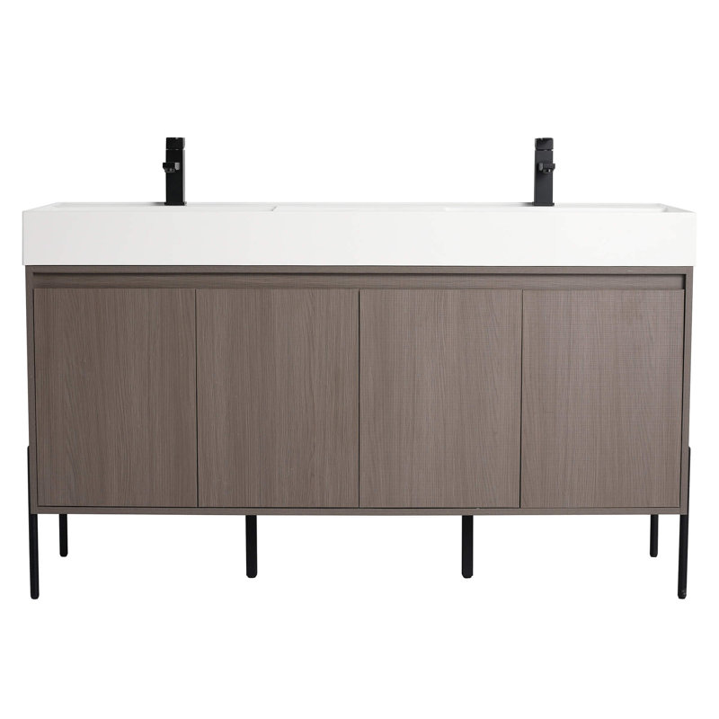 Meuble-lavabo double 60 po Ebord Designs Yordana Ebern Designs, Blanc, Chêne gris