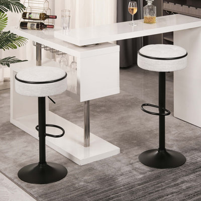 Round Storage Bar Stool Set of 2, Off White Linen Height Adjustable Barstool, 360°Counter Height Swivel Stool, Armless Bar Chair with Metal Frame for -  Latitude Run®, 7A90AF36725E44A5ADC7A66484816A47